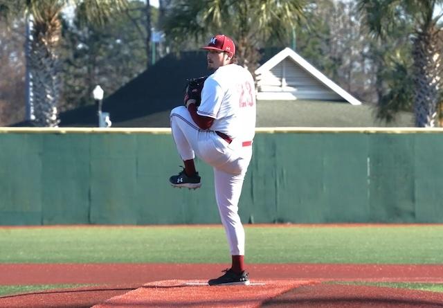 James Sill reading to pitch in DII baseball.