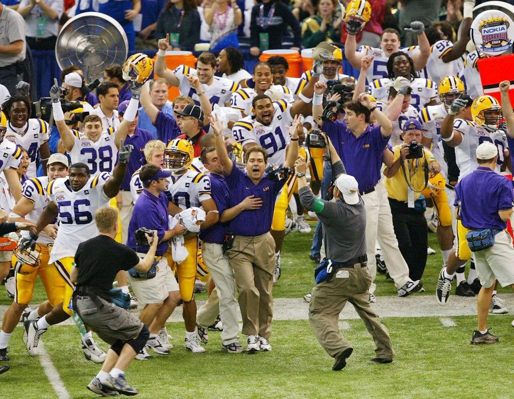 Nick Saban and LSU celebrate 2003 national championship