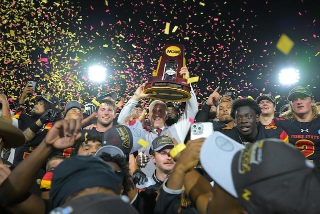 Ferris State hoists its fourth DII football championship trophy in five years.